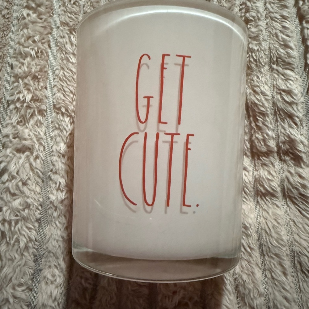 Rae Dunn pink  jar with Red 'Get Cute' Text 4” diameter